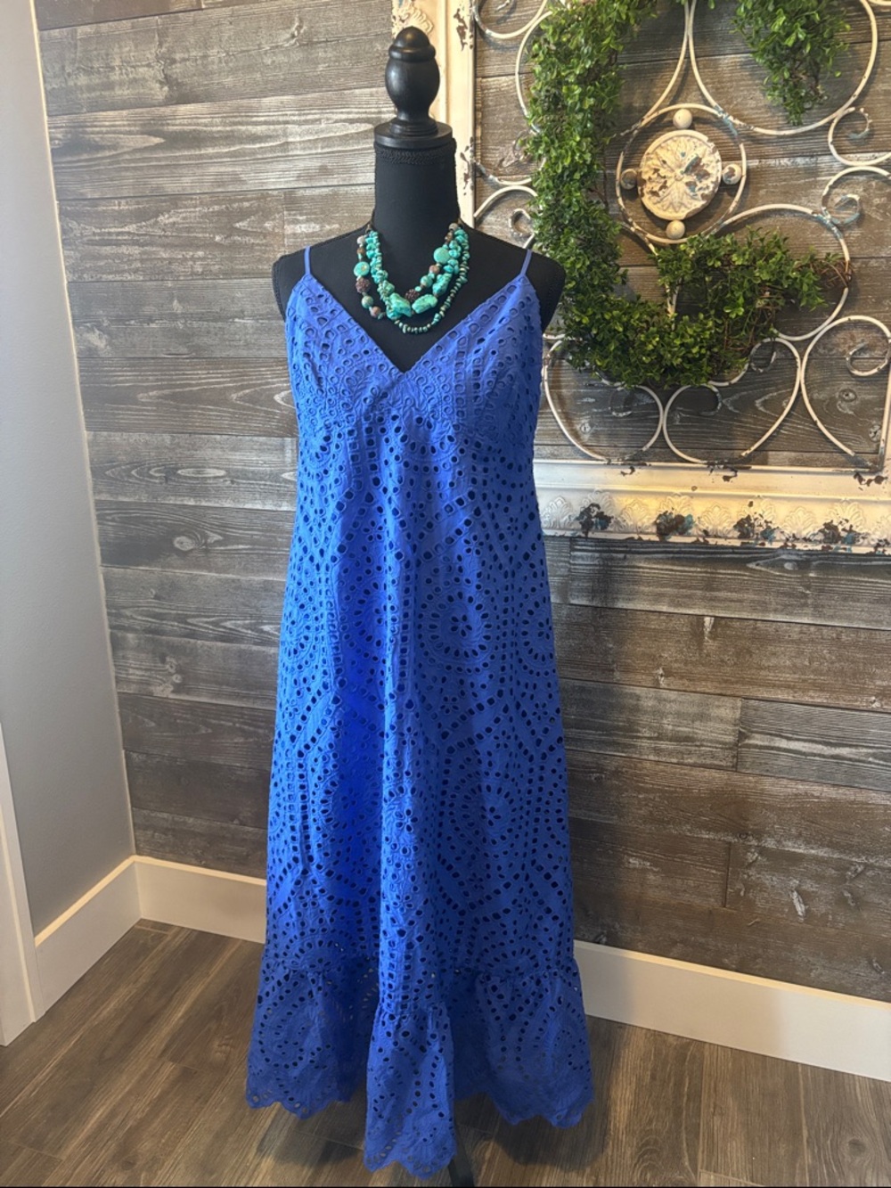 H&M (Size L) Blue  Eyelet Maxi Dress with V-Neck - Cotton